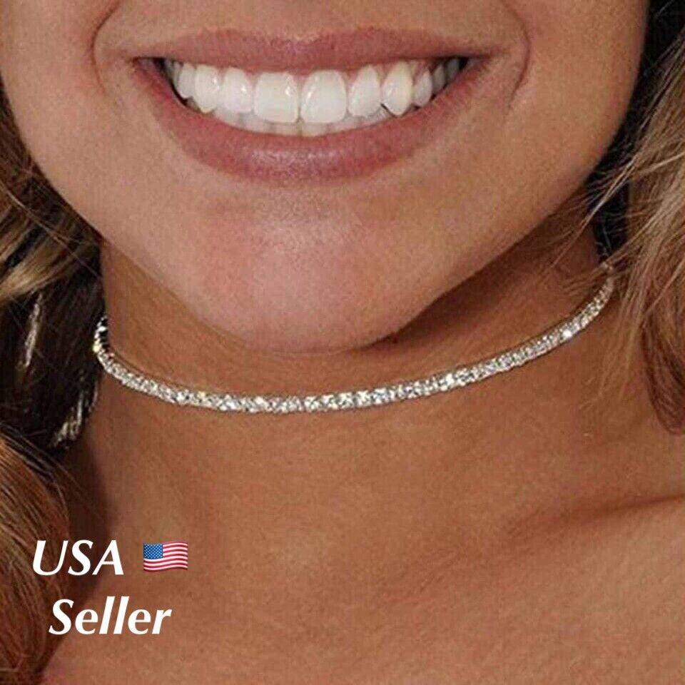 Women Silver Plated Crystal Cubic CZ Rhinestone Tennis Choker Necklace N154