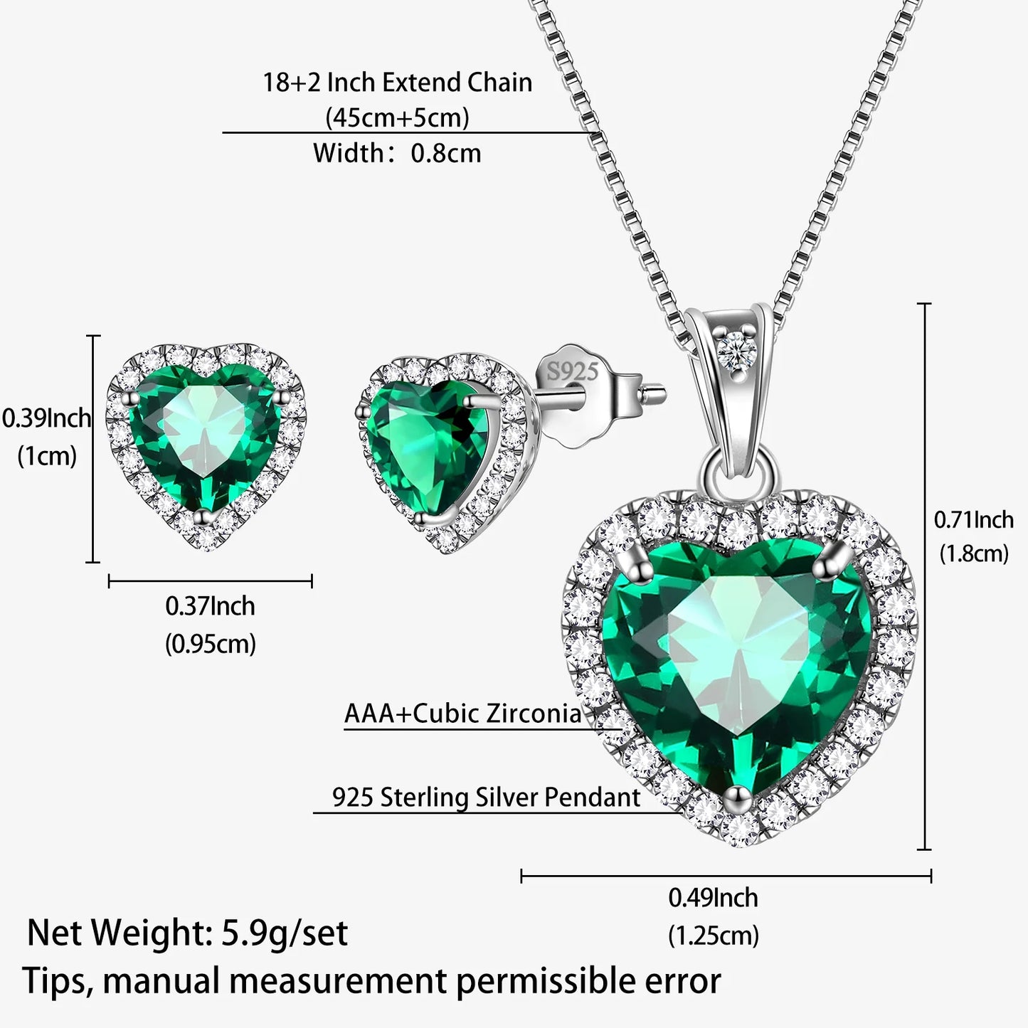 May Birthstone Jewelry Sets for Women, Green Heart Jewelry Set Emerald Necklace Earrings 925 Sterling Silver Fine Jewelry Girls Birthday Mother'S Day Gifts