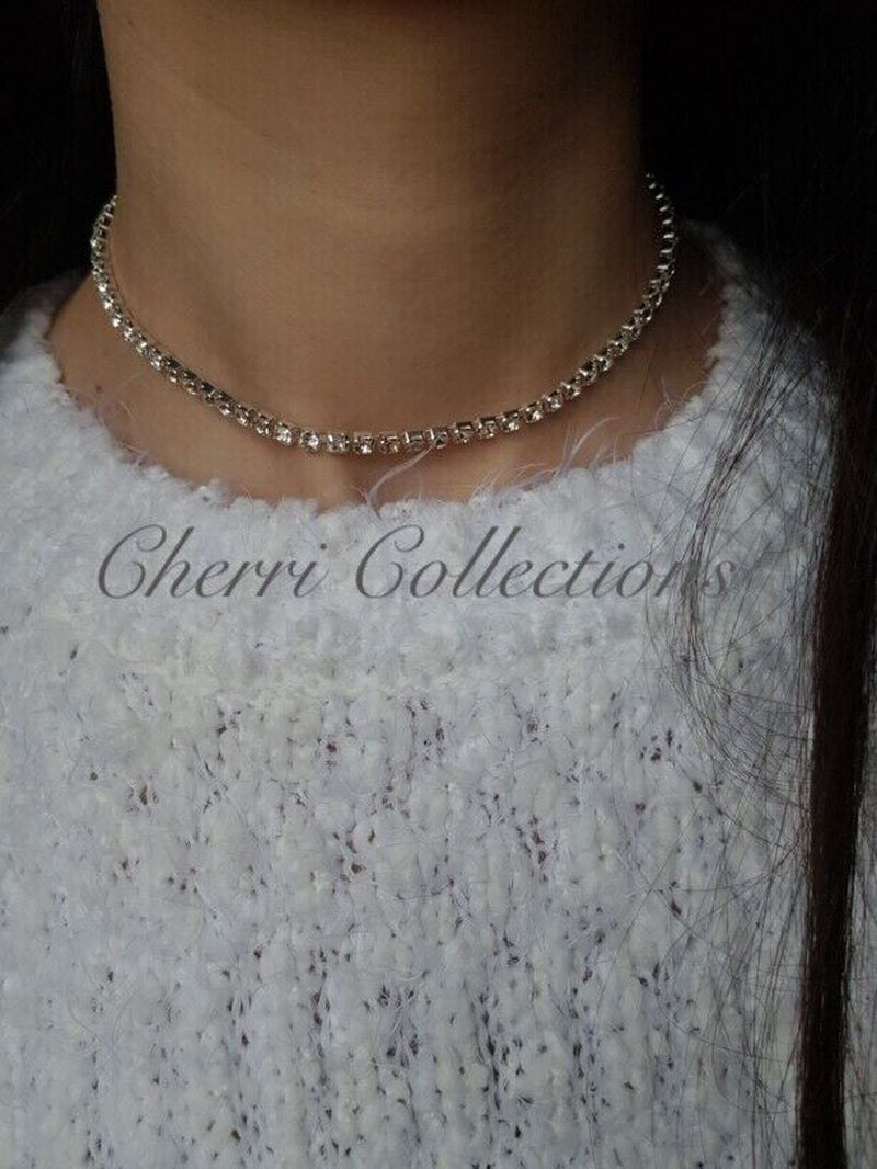 Women Silver Plated Crystal Cubic CZ Rhinestone Tennis Choker Necklace N154