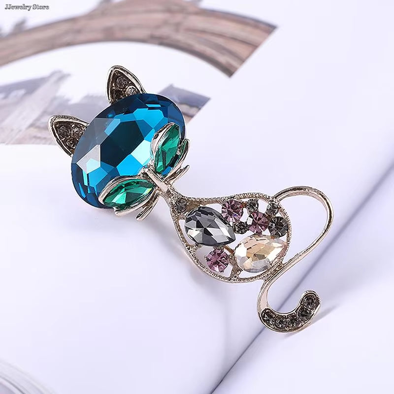 1PC Korean Rhinestone Cat Pendant Brooches for Women Alloy Animal Pins Fashion Crystal Corsage Everyday Accessories