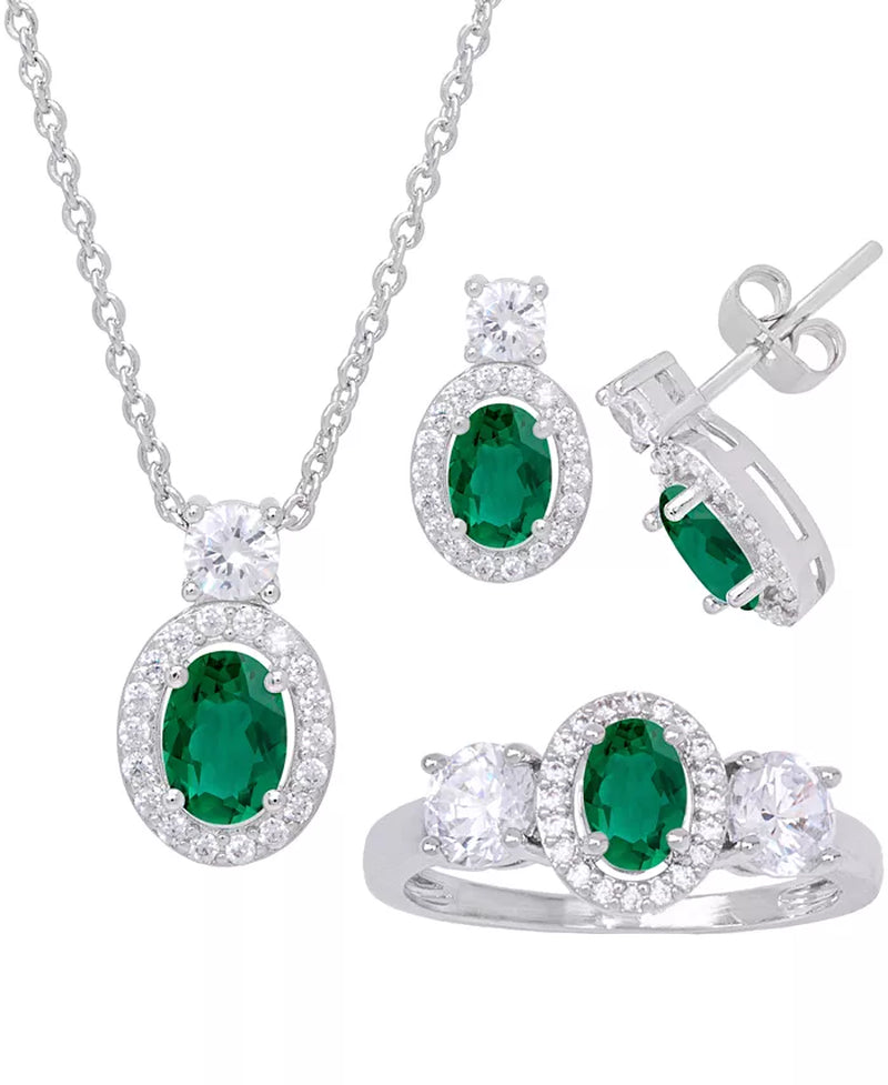 Simulated Emerald Oval Halo 3 Piece, Pendant, Earrings and Ring, Set in Silver Plate