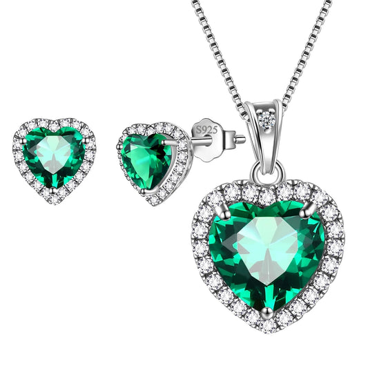 May Birthstone Jewelry Sets for Women, Green Heart Jewelry Set Emerald Necklace Earrings 925 Sterling Silver Fine Jewelry Girls Birthday Mother'S Day Gifts