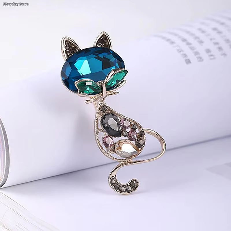 1PC Korean Rhinestone Cat Pendant Brooches for Women Alloy Animal Pins Fashion Crystal Corsage Everyday Accessories